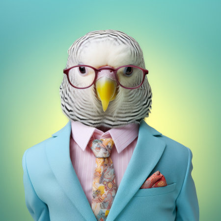 a parrot, dressed in a blue suit and tie, poses for a conceptual portraiture photo. the vibrant colors of light turquoise and light pink create an optical feast for the eyes. this elegant avian model showcases the unique blend of animals and people in a style known as pigeoncore. captured on kodak ultramax film, this photo is a visual delight. ai generatedの素材