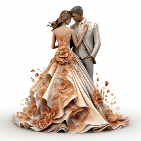 a 3d wedding clipart featuring a bride and groom in a highly detailed digital rendering. the bride is wearing a bridal gown in a light rust color, standing against a white background. this clipart is available on various platforms such as pexels, lyco art, and behance hd, and is licensed under creative commons attribution. ai generatedの素材