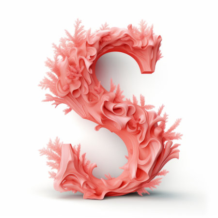3d letter s, rendered in pink and white, resembles intricate underwater worlds. the fluid, glass-like sculpture features jagged edges and is adorned with ink-washed, light orange and red hues. the design showcases detailed botanic studies, reminiscent of a vibrant reef wave. ai generatedの素材