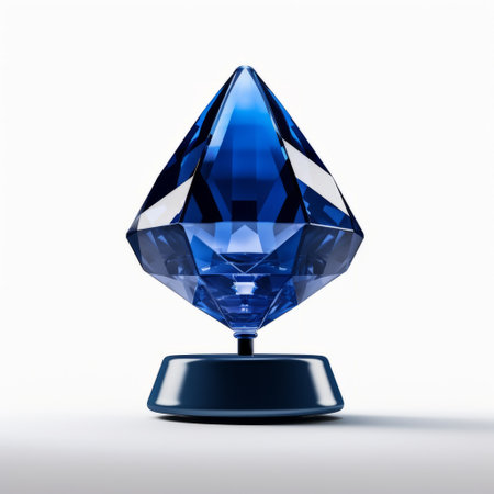 the oscar award trophy is a stunning blue diamond, designed in a hyperrealistic composition. its futuristic organic shape resembles a gemstone, with a captivating light navy hue. crafted from glass, this abstract minimalism appreciator showcases a ceramic-like finish. ai generatedの素材