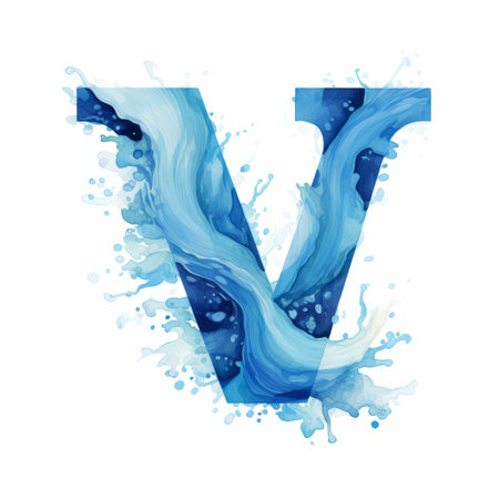 a blue water splash forms the letter v on a white surface, showcasing a unique blend of realistic and fantastical elements. this graphic design-inspired illustration draws inspiration from the vancouver school and code-based creations. with captivating visual storytelling, mesmerizing optical illusions, and emotive watercolors, this artwork is a visual treat. ai generatedの素材
