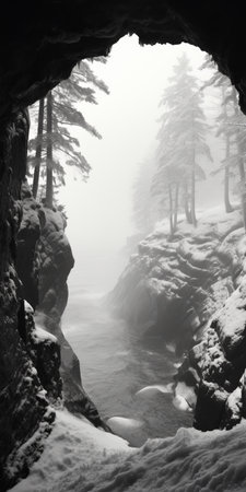 a mesmerizing winter scene showcasing a snow-filled cave surrounded by enchanting trees. this ethereal photograph captures the beauty of nature in a style reminiscent of romantic riverscapes and trace monotone. with realistic hyper-detail and a touch of mist, this national geographic-worthy image transports you to a magical world. ai generatedの素材