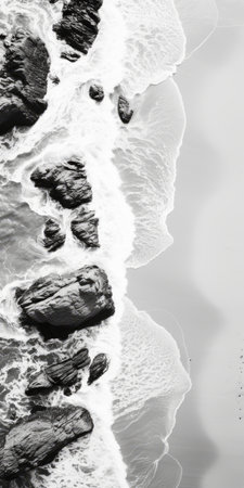 aerial photo of a bird soaring gracefully above the ocean waves at the beach. this monochromatic minimalist portrait captures the bird in a close-up, showcasing its elegant flight. the image evokes the iconic rock and roll imagery with its rough clusters and hints of the san francisco renaissance. the topographic photography style adds depth to the white and gray tones, creating a visually captivating composition.の素材