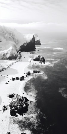 an aerial view of the iceland coast showcases the stunning monochromatic white figures, creating a soft-focused realism. the black and white imagery captures the beauty of the snow scenes, while the play of light and shade adds depth to the photorealistic compositions. this captivating photo is reminiscent of the kodak colorplus aesthetic. ai generatedの素材