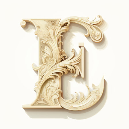 the photo showcases a stunningly intricate carving of a letter "e" within a pattern adorned with scrolls and flowers. this hyper-detailed, rococo-inspired artwork features realistic feather rendering and superimposed text. crafted from ivory and wood, this sculpture exhibits a fantastic grotesque style, capturing the viewer's attention with its exquisite craftsmanship and intricate design. ai generatedの素材