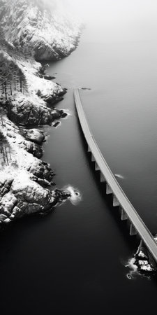 a black and white aerial view photo of a long bridge in the norwegian nature, reminiscent of iconic rock and roll imagery. this national geographic-style shot showcases precisionist lines and shapes, capturing the fine lines and delicate curves of the bridge. a tribute to the pioneers of color photography. ai generatedの素材