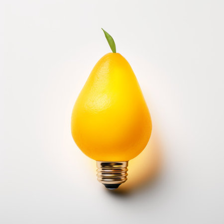 a bright yellow light bulb with a lime green leaf, in a humorous tableau style, featuring minimal retouching. this berrypunk-inspired image is made of cheese and showcases light orange and light gray tones. crafted with eco-friendly techniques, this photo was captured with an iso of 200. ai generatedの素材