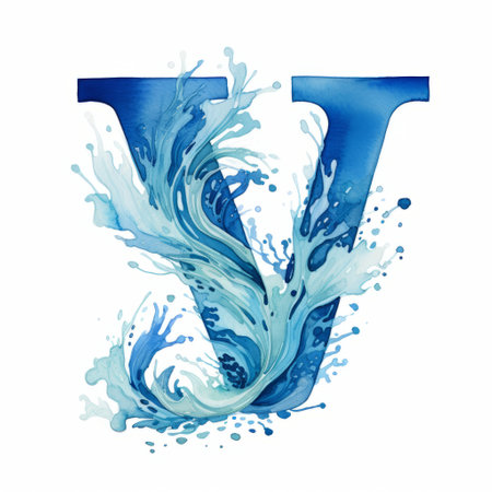 the photo features a letter v adorned with splashes of water, showcasing serene maritime themes and surrealistic elements. the organic flowing forms, light indigo and cyan hues, and vibrant movement create a captivating visual. the intricate illustrations add depth and detail to the overall composition, resulting in a mesmerizing image. ai generatedの素材