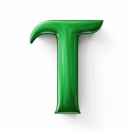 a green letter t stands out in this 3d render, isolated on a white background. the style of the image features muted tonalities, giving it a unique and humorous tone. the letter t has a shiny and glossy appearance, with realistic attention to detail. the image also incorporates tropical symbolism and showcases innovating techniques, reminiscent of ceramic art. ai generatedの素材
