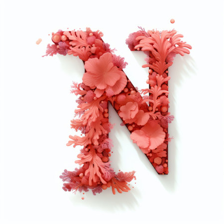 the photo showcases a stunning letter "n" adorned with delicate pink flowers crafted from leaves. this artwork, inspired by meticulous photorealistic still lifes, exhibits vibrant shades of red and orange. created by the talented artist hiroshi nagai, the piece captivates with its explosive pigmentation. additionally, the image features detailed character illustrations reminiscent of jeff danziger's style, enhanced by an impasto texture. ai generatedの素材