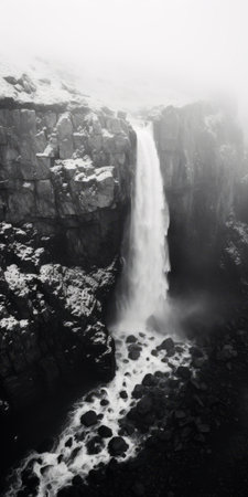 a black and white photograph captures a stunning waterfall near a small iceberg. the image, reminiscent of light leaks and japanese photography, showcases highly detailed environments. the moody and atmospheric scene, created using cryengine and unreal engine 5, is truly breathtaking. ai generatedの素材