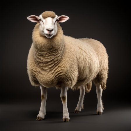 a sheep, reminiscent of sacha goldberger's style, is captured in this uhd image. the sheep stands against a dark background, showcasing its full body. its smooth and shiny coat reflects the light, displaying hues of light yellow and light crimson. this photograph, taken with a konica big mini, captures the essence of the pont-aven school. ai generatedの素材