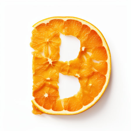 the photo showcases a letter "b" creatively crafted from vibrant orange slices. with a frontal perspective, the image captures the essence of commercial imagery. the delicate markings and sharp attention to detail give it a biopunk vibe. the blink-and-you-miss-it details are highlighted, all while maintaining a minimal retouching approach. ai generatedの素材