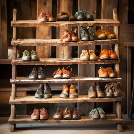 a rustic wooden shoe rack filled with a variety of shoes, showcasing a soft focus nostalgia. the rack embodies a troubadour style with its creased, crinkled, and wrinkled textures. the warm tones of light amber and brown, reminiscent of kodak portra film, add to its idealized native american aesthetic. ai generatedの素材