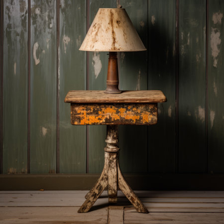 antique nightstand with a distressed, old vintage lamp. the softbox lighting style enhances the primitive simplicity of the piece. the varied brushwork techniques create a unique texture. the complementary colors add depth and visual interest. inspired by manapunk and danish design, this photo captures the charm of secluded settings. ai generatedの素材