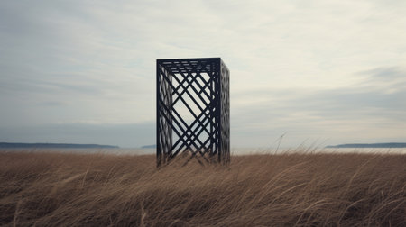 an open lattice, in the style of contemporary minimalist, sits alone in a field of tall grass. with its light gray and dark black hues, this sculptural aesthetic blends seamlessly with the coastal views. the minimalist set showcases a gothic revival influence, while the muted colors add a touch of tranquility to the scene. ai generatedの素材