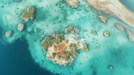 aerial view of tropical islands with green ponds, showcasing light cyan and amber tones. the image captures a realistic and naturalistic texture, reminiscent of minoan art. the shallow depth of field emphasizes the distressed and weathered surfaces, while maintaining photorealistic detail. the simplicity of the composition is enhanced by the monochromatic color palettes. ai generatedの素材