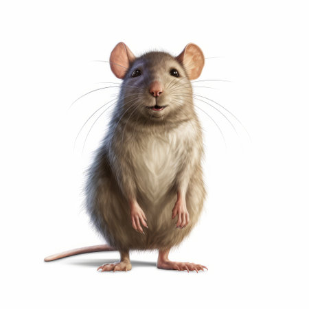 a rat, depicted in a cartoon realism style, stands upright on a white background. this realistic rendering showcases photo-realistic techniques with heavy shading, rounded features, and realistic lighting. the image effectively utilizes these elements to create a visually appealing and lifelike portrayal of the rat. ai generatedの素材