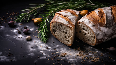 rosemary bread with herbs on a dark background, captured in a flat lay style reminiscent of the graflex speed graphic camera. this high-resolution uhd image showcases soft focal points, vignetting, and a cabincore aesthetic. the tondo composition and matte finish add a unique touch to this captivating photo. ai generatedの素材