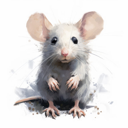 a white mouse is depicted in this digital painting, sitting on a white floor. the artwork showcases expressive character designs and realistic watercolor techniques. the image also incorporates elements of rtx technology, explosive wildlife, and skeuomorphic design. additionally, the photo may be reminiscent of the aesthetics of the minolta riva mini camera. ai generatedの素材