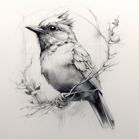 a bird perched on a branch, surrounded by lush leaves, captured in a highly detailed realism style. the sketch-like quality of the artwork showcases transparent layers, while the precisionist lines and shapes bring out the intricate character design. the grayscale palette adds depth and enhances the detailed portraiture of the bird. ai generatedの素材