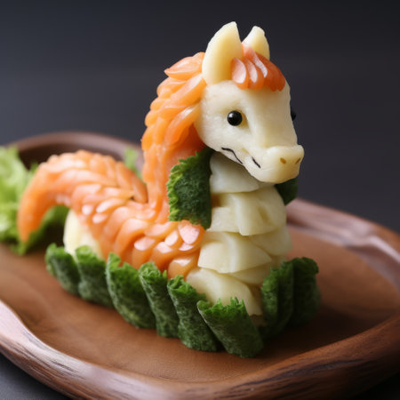 a japanese-inspired, cheese-made horse sculpture composed of a single green carrot and an orange vegetable. this unique piece showcases exquisite craftsmanship with its spiral group design. captured through a fish-eye lens, the image highlights the clear and crisp details of the sculpture, adding a touch of palewave aesthetic to the overall composition. ai generatedの素材