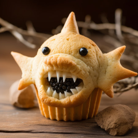 a hyperrealistic marine life-inspired monster cupcake for halloween, captured in a sepia-toned photograph using a nikon d750. this ultra-high-definition image showcases spiky mounds made of cheese, featuring a captivating combination of dark white and light orange colors. ai generatedの素材