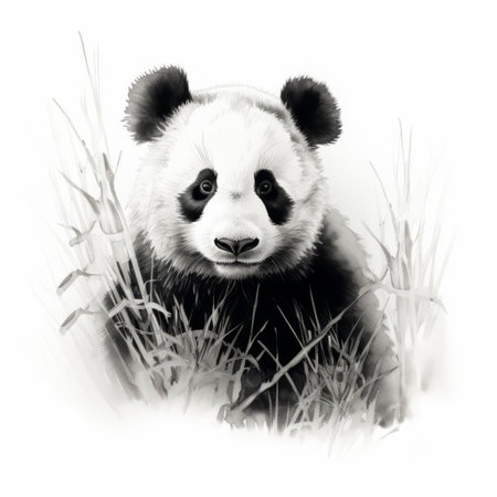 a panda drawing art by nas elaine, featuring ambient occlusion style and created using the zeiss batis 18mm f28 lens. this graphic illustration showcases dappled brushwork and clean, sharp inking techniques. the artwork is characterized by emotive fields of color, giving it a historical illustration vibe. ai generatedの素材