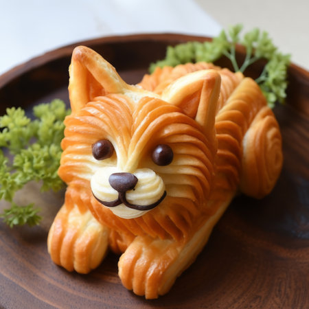 a photo showcasing intricately carved cheese figures in the style of the bengal school of art. these simplified dog sculptures, created with high attention to detail, are the perfect treat for your cats. the cheese carvings feature mesmerizing spirals and meticulous designs, making them a visually appealing and delicious addition to your feline's day. ai generatedの素材