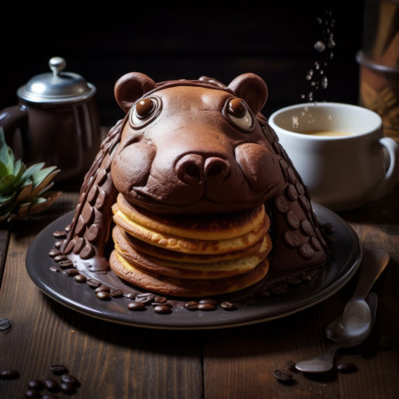 a chocolate pig sits atop a stack of pancakes, showcasing a nature-inspired composition. the intricately sculpted pig adds an adventure-themed touch to the scene, with its animalier design and gigantic scale. the brooding mood and caninecore elements further enhance the overall aesthetic. ai generatedの素材