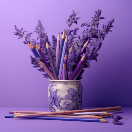 colorful pencils and lavender flowers arranged in a white vase create a vibrant display against a purple background. this photo, reminiscent of rendered images in unreal engine, showcases an ornate still life composition. the monochromatic imagery, detailed miniatures, and vernacular photography style add depth to the scene. the intricate foliage and matte finish enhance the overall visual appeal. ai generatedの素材