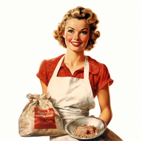 retro style kitchen decor featuring a realist portraiture inspired by mark brooks. the cranberrycore color scheme adds a touch of vibrancy, while the light red and light brown tones create a warm and inviting atmosphere. the artwork, reminiscent of art frahm, showcases feminine subjects, adding a unique and captivating element to the overall aesthetic. ai generatedの素材