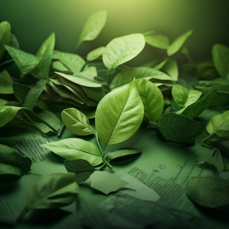 green leaves with intricate outlines are showcased against a newspaper background in this captivating photo. inspired by the artistic styles of zbrush, caras ionut, and unreal engine 5, the image is rendered in cinema4d. with selective focus, the vibrant and lively composition pays homage to the work of charles willson peale. ai generatedの素材