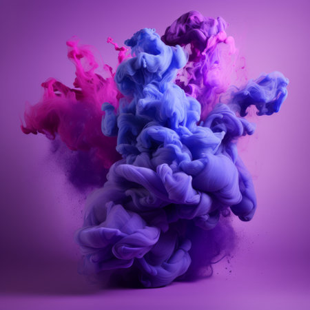 abstract colorful smoke cascades down from a dark pink and purple liquid, creating a mesmerizing visual. inspired by the styles of dimitry roulland and kim keever, this dynamic still life captures the essence of color splash. the combination of light purple and dark azure adds depth, while the double tone effect blends realism with a touch of fantasy. ai generatedの素材