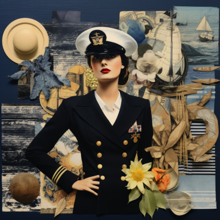 a woman wearing a sailor's costume holds another photo in this collage sculpture-style image. the canvas texture emphasizes the military and naval scenes depicted, inspired by the works of guido borelli da caluso, cristina mcallister, and jack vettriano. the avian-themed elements add an intriguing touch to the overall composition. ai generatedの素材