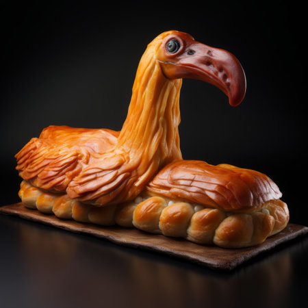 the photo showcases a unique food art creation inspired by the bird of prey. the artist's interpretation combines elements from renowned artists such as iris van herpen and tarsila do amaral. the sculpture, created by emek golan, is presented in stunning 8k 3d resolution. this artwork beautifully merges the art styles of the upper paleolithic era with a touch of contemporary duckcore aesthetics. ai generatedの素材