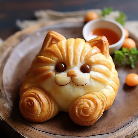 a cat-eared croissant, crafted with traditional japanese artistic techniques, rests on a table. made of cheese, this unique creation combines thai art influences with swirling vortexes and a thick texture. the soft-focus technique highlights its intricate details, while elaborate fruit arrangements add a touch of elegance. ai generatedの素材