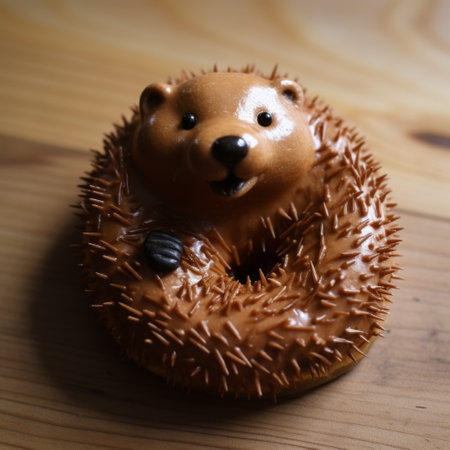 a doll with a hedgehog donut: a hyper-realistic animal illustration featuring a unique combination of a doll and a hedgehog-shaped donut. this artwork showcases the intricate details and varied brushwork techniques used to create a lifelike representation. the use of carved animal figures and the influence of angura kei style add depth and complexity to the composition. additionally, the image promotes environmental awareness through itsの素材