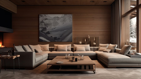 a living room featuring a fireplace and wood panels, designed in the minimalist monochromatic landscape style. the room is adorned with dark beige and beige tones, showcasing himalayan art and drawing inspiration from the terrain of northern china. the photo is captured in 32k uhd resolution, highlighting the richly layered details and embracing the essence of swiss realism. ai generatedの素材