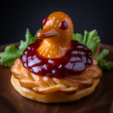 a delicious hamburger pastry shaped like a cute duck. this unique and creative treat combines the flavors of a juicy burger with the flaky goodness of a pastry. perfect for those who love both savory and sweet delights, this duck-shaped hamburger pastry is a must-try for food enthusiasts and pastry lovers alike. ai generatedの素材