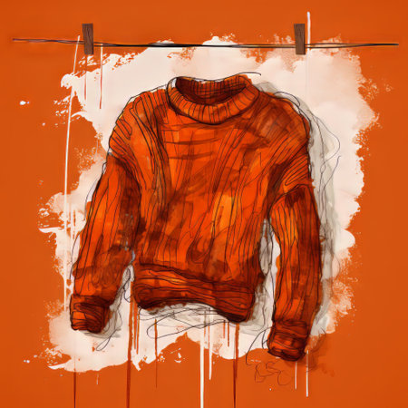 knitted sweater hanging on hanger, depicted in intense brushstrokes. the illustration showcases a dark orange color, resembling fashion sketches. the ink-washed style adds a masculine touch to the image. the sweater appears wrapped, exuding a fiberpunk aesthetic. ai generatedの素材