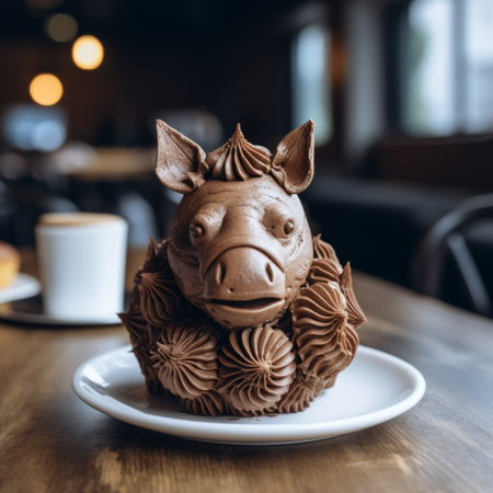 a cup of coffee sits on a rustic wooden table, accompanied by a delectable chocolate dog cake. this unique composition showcases a fusion of hybrid creature elements, with spherical sculptures and intricate facial features. the artistic style draws inspiration from fawncore aesthetics, featuring creased textures and detailed depictions of animals. this captivating image is brought to life with the use of ue5 technology. ai generatedの素材