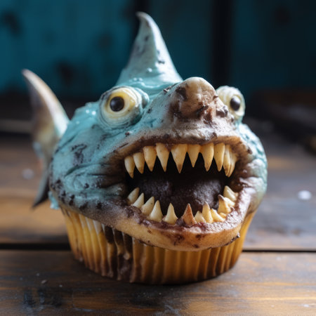 a shark-themed cake with teeth on top, decorated in a dark cyan and amber color scheme. this tabletop photograph captures the fantasy creatures and showcases the psychological depth in characters with exaggerated expressions. shot with a nikon af600, the image has a rusticcore aesthetic. ai generatedの素材