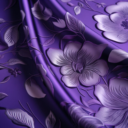 purple floral print with stylized leaves, resembling glass material, showcased in a luxurious drapery. this exquisite design, created by dusan djukaric using cinema4d, captures intricate details and draws inspiration from chinese traditions. the use of luxurious fabrics enhances the overall opulence of this stunning piece. ai generatedの素材