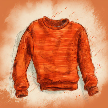an illustration of a historical-style orange sweater with splashes of paint, resembling a pencil sketch. this street fashion-inspired artwork showcases a light crimson color palette and textured shading, capturing the essence of trendercore fashion. ai generatedの素材