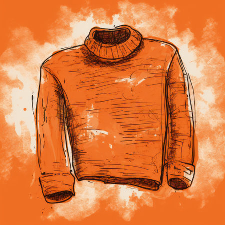 an orange sweater, depicted in a splashy light reminiscent of historical illustrations, showcases a rustic texture against a smoky background. this fashion sketch, with a touch of hermitpunk influence, is colorized and appears to be made of rubber. ai generatedの素材