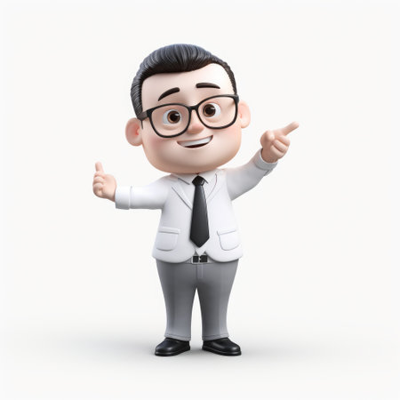 3d business man character wearing a suit in a close-up photo. this playful character is depicted in a cartoon-like style, with a white background and the use of screen tones. the image has a touch of tachisme, resembling the brushwork of abstract expressionism. the character's appearance is reminiscent of the grandparentcore aesthetic, adding a nostalgic touch to the overall composition. ai generatedの素材