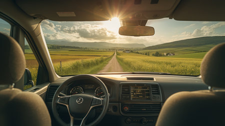 a van driving on the road surrounded by fields, on a sunny day at noon, with high sun and no sunset, during daytime. ai generatedの素材
