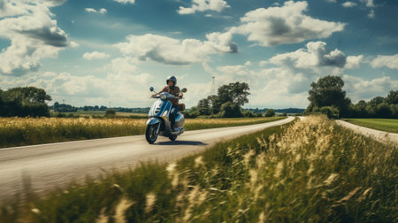 a person riding on a motorcycle down a rural road, captured in a light cyan and azure color palette. this stunning photograph showcases the unique style of bauhaus photography, reminiscent of national geographic's high-quality images. the use of vray tracing enhances the visual appeal, creating a romantic and joyful scenery that exudes optimism. ai generatedの素材
