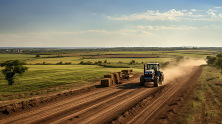 a blue tractor stands in a field, surrounded by dusty piles and high horizon lines. this national geographic-style photo captures the essence of busy landscapes with its 8k resolution. the golden light adds a touch of warmth to the scene, reminiscent of the works of horace vernet. ai generatedの素材